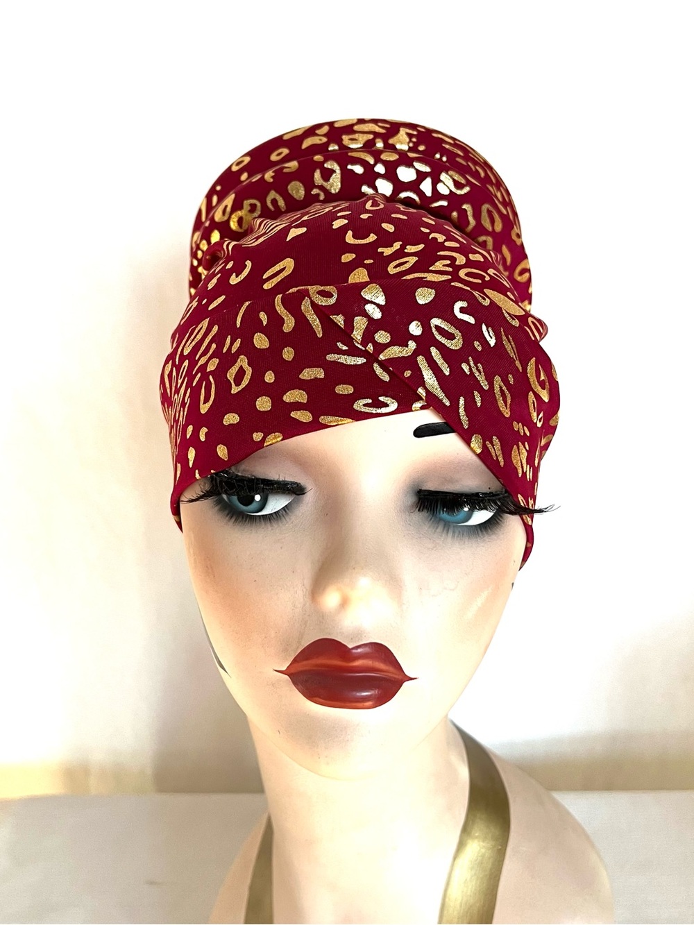Gold Leopard Print Burgundy Turban Headwrap - Women Hair
